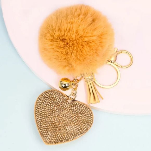 Handbags - NEW Fashion Rhinestone Heart Puff Ball with Ball and Tassle Bag Keychain…